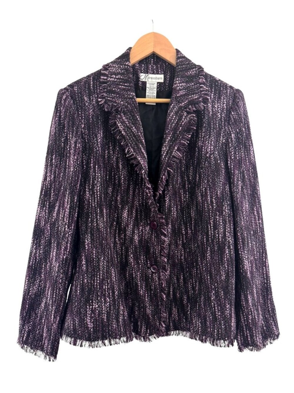 Dressbarn Purple Tweed Jacket Blazer Fringe Trim Long Sleeve Size 12 Coat Lined